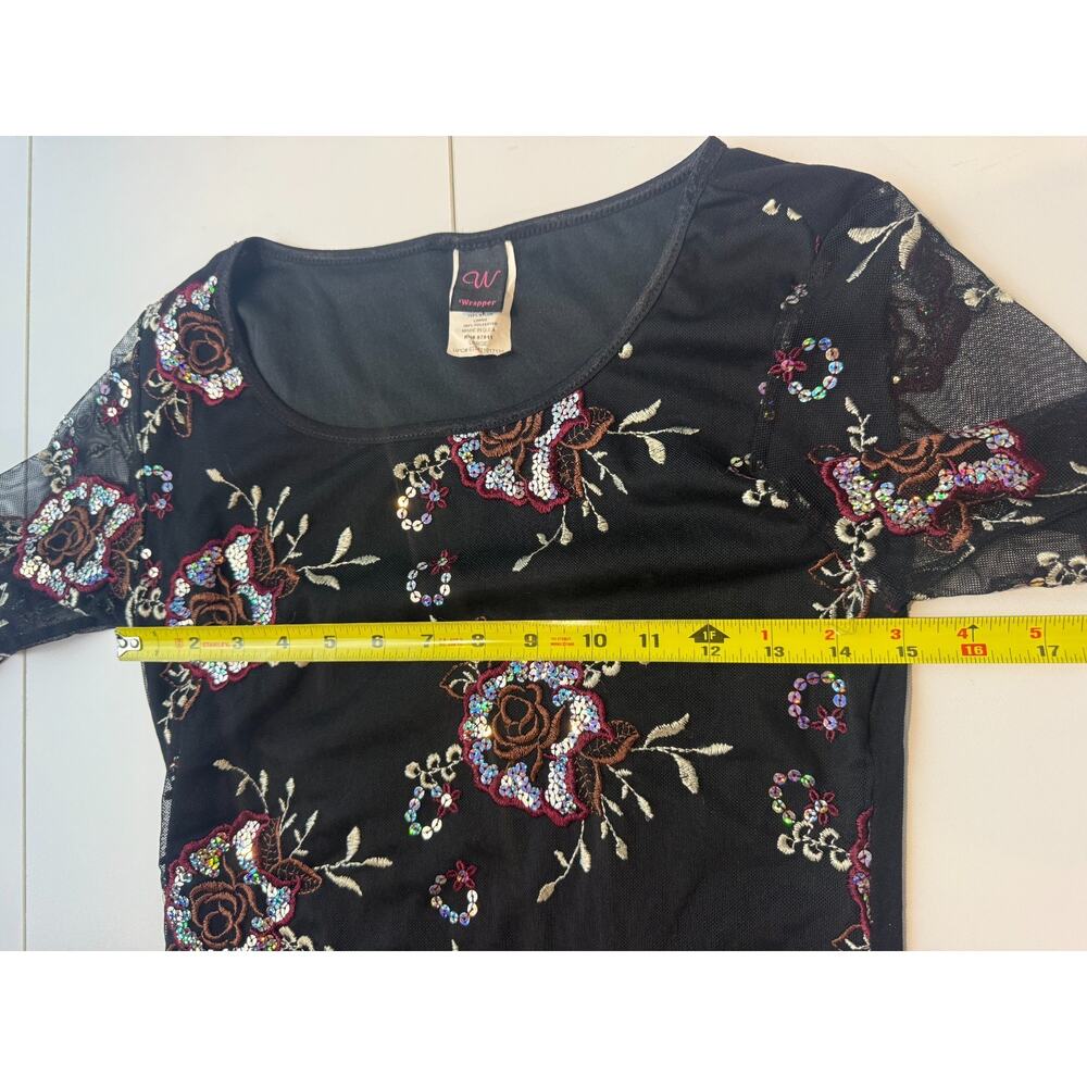 Y2K Wrapper Embroidered Sequin Mesh Top Sz L Black Fairy Grunge Whimsygoth - Picture 6 of 9
